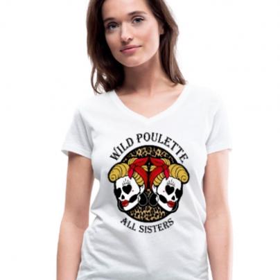 T-Shirts T-shirt femme, manches courtes, col V "Pin up Skull Poulette " Blanc