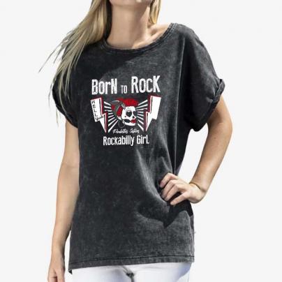 T-Shirts Teeshirt femme, manches courtes, col rond, Acid wash - "Born To Rock" Noir