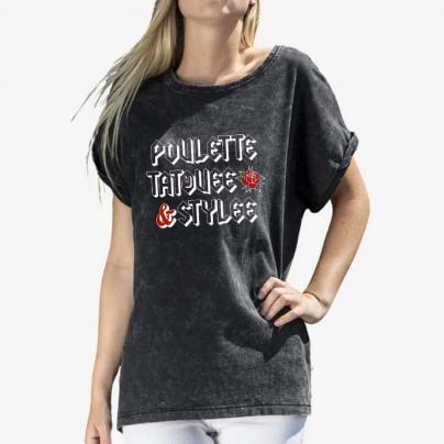 T-Shirts Teeshirt femme, manches courtes, col rond, Acid wash - "Tatouée et Stylée" Noir