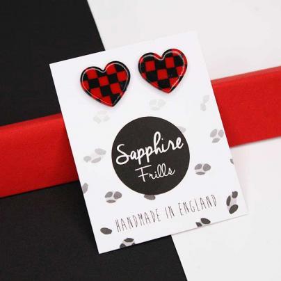Bijoux Boucles d'oreilles "Love Damier Rouge et Noir" en forme de coeur