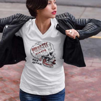 T-Shirts T-shirt Femme, manches courtes, col V "Poulette Skull by Succub" blanc