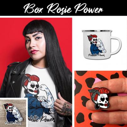 T-Shirts BOX Tee-shirt col rond "Rosie Power Poulette" blanc + 1 pin's + 1 tasse émaillée + 1 sticker